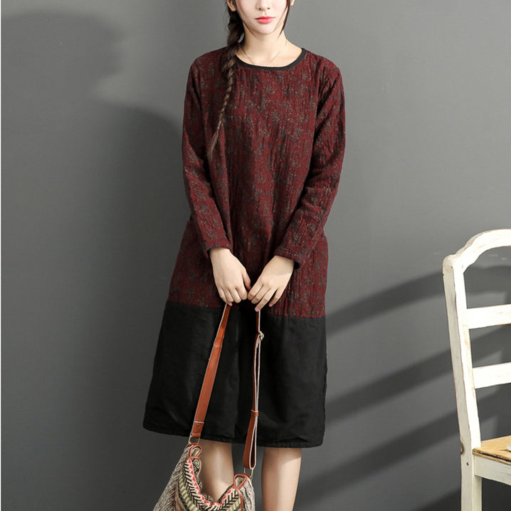 warm winter cotton outfits red prints casual plus size dresses patchwork o neck casual dress