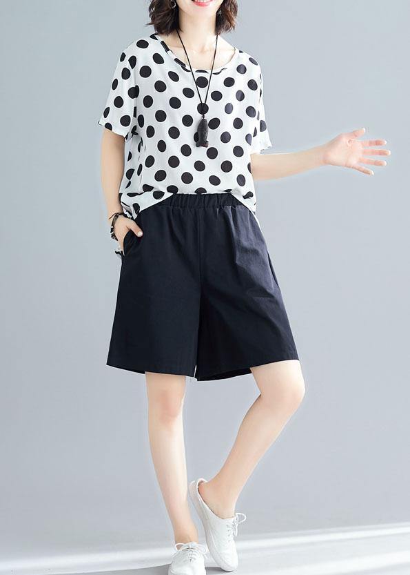 white dotted casual blended pullover and black elastic waist shorts - SooLinen