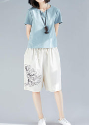 white embroidery blended loose pants casual elastic waist shorts - SooLinen