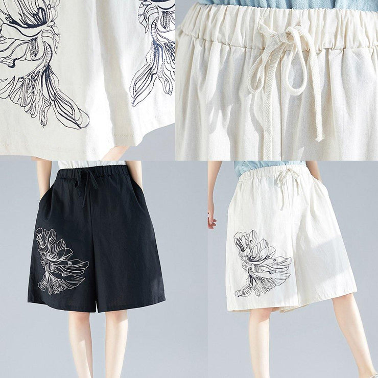 white embroidery blended loose pants casual elastic waist shorts - SooLinen