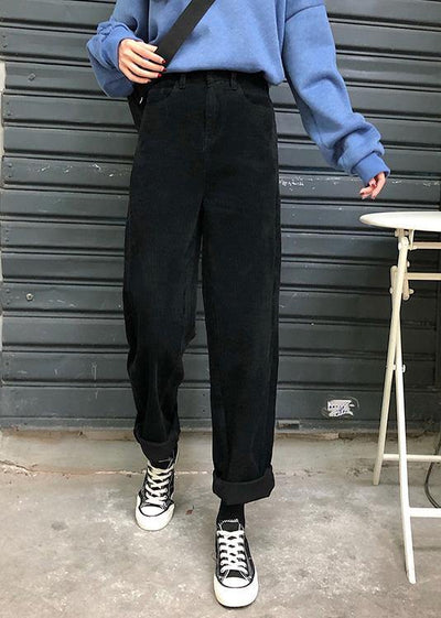 winter black wild trousers corduroy casual wide leg pants - SooLinen