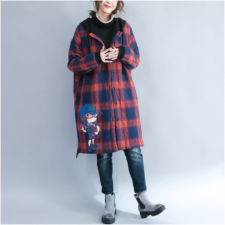 winter cartoon prints cotton cardigans plus size casual red grid thick hooded trench coats