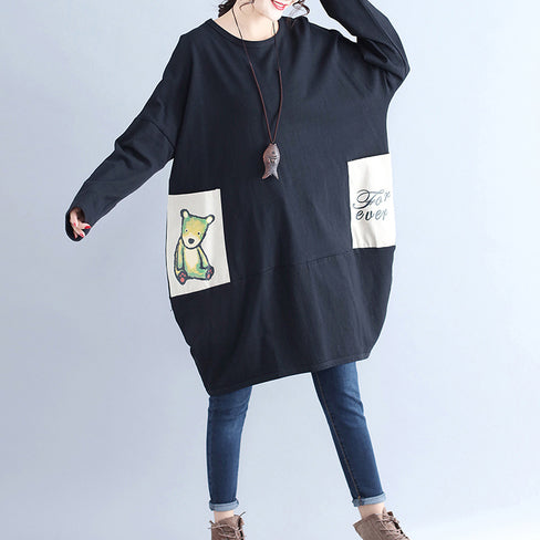 winter casual black cotton dresses plus size pockets long sleeve shift dress