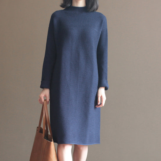 winter dark blue brief cotton blended sweater dresses plus size casual knit dress