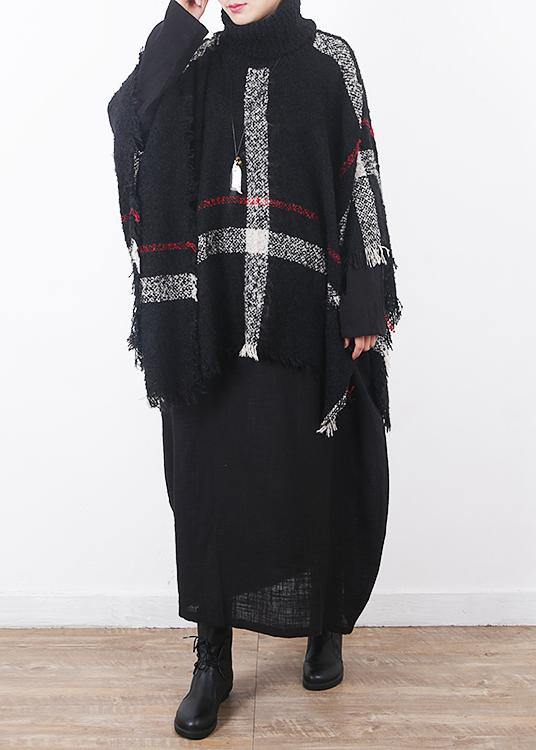 winter original design plaid high neck knit tops oversize black tassel cloak - SooLinen