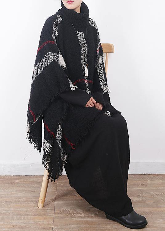 winter original design plaid high neck knit tops oversize black tassel cloak - SooLinen