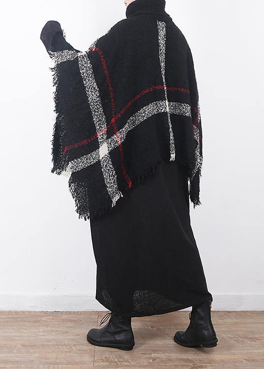 winter original design plaid high neck knit tops oversize black tassel cloak - SooLinen