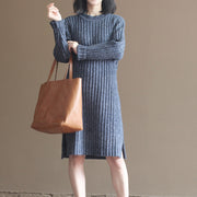 winter thick gray blue cotton knit casual dresses striped sweater dress