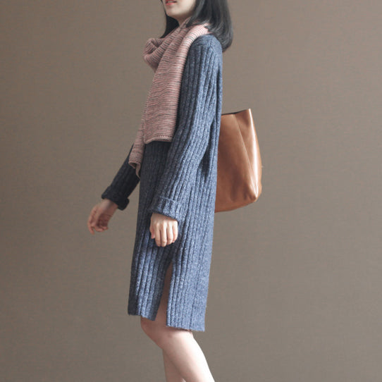 winter thick gray blue cotton knit casual dresses striped sweater dress