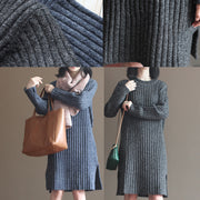 winter thick gray blue cotton knit casual dresses striped sweater dress