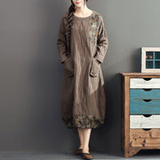 winter warm khaki prints patchwork cotton dresses linen plus size casual long sleeve thick dress