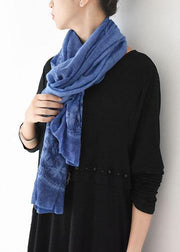 winter women embroidery cotton blended scarf rectangular blue big scarves - SooLinen