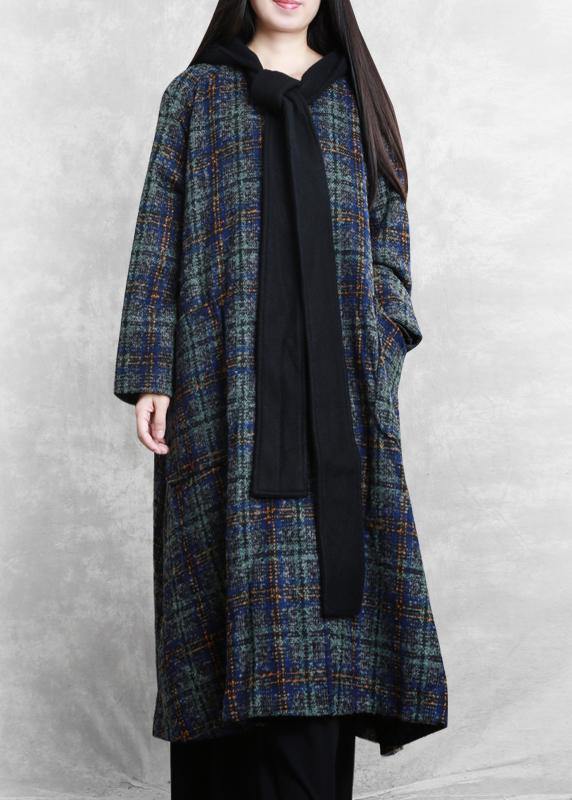 women Loose fitting long coats blue plaid hooded patchwork Woolen Coats - SooLinen