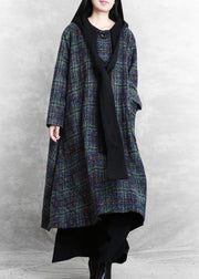 women Loose fitting long coats blue plaid hooded patchwork Woolen Coats - SooLinen