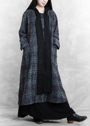 women Loose fitting long coats blue plaid hooded patchwork Woolen Coats - SooLinen