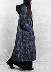 women Loose fitting long coats blue plaid hooded patchwork Woolen Coats - SooLinen