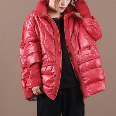 women Loose fitting snow jackets coats red stand collar patchwork down coat winter - SooLinen