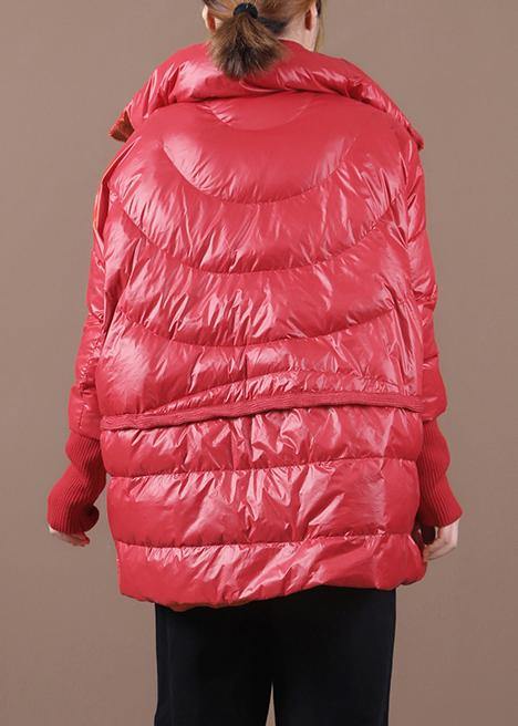 women Loose fitting snow jackets coats red stand collar patchwork down coat winter - SooLinen