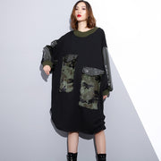 women black Loose fitting fall dresses patchwork fine O neck cotton dress