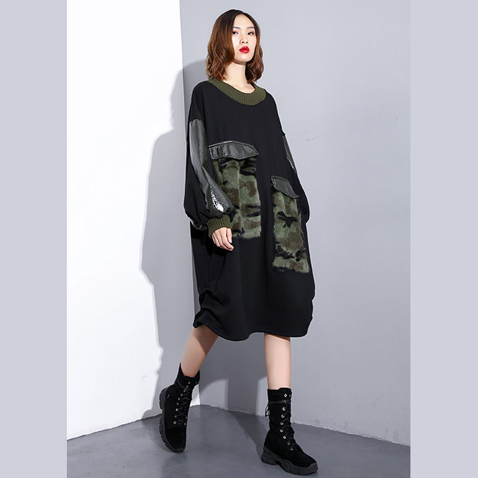 women black Loose fitting fall dresses patchwork fine O neck cotton dress