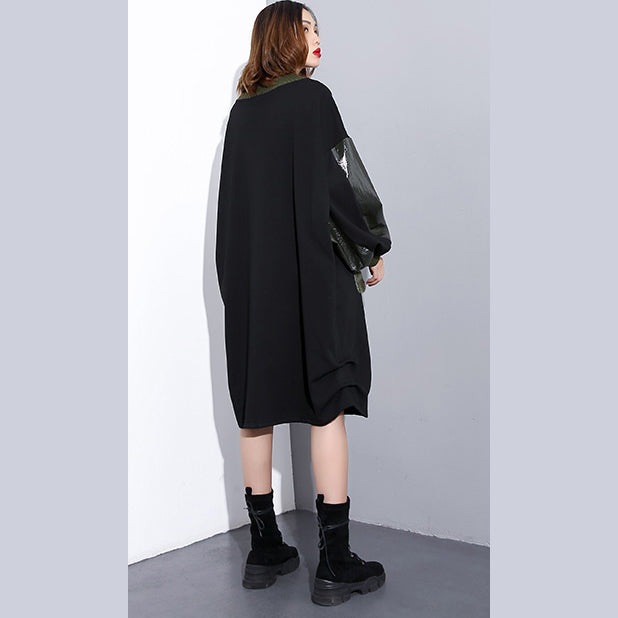 women black Loose fitting fall dresses patchwork fine O neck cotton dress