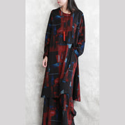 women black red print pure cotton blended two picese plus size New long sleeve asymmetrical design o neck and baggy pants