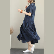 women blue natural cotton dress Loose fitting stand collar caftans boutique big hem shirt maxi dresses