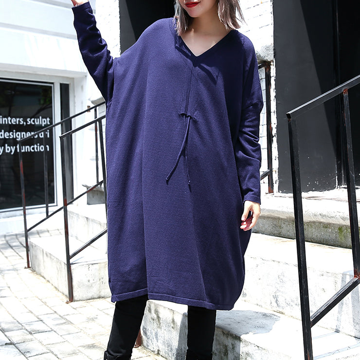 women blue plus size casual baggy dresses 2018 V neck drawstring cotton blended dress