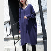 women blue plus size casual baggy dresses 2018 V neck drawstring cotton blended dress