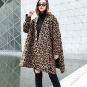 women brown Leopard coat casual v neck pockets Winter coat Elegant side open coats