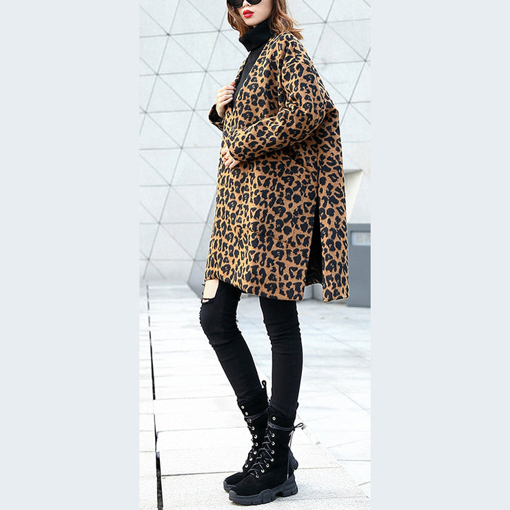 women brown Leopard coat casual v neck pockets Winter coat Elegant side open coats