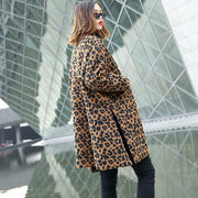 women brown Leopard coat casual v neck pockets Winter coat Elegant side open coats