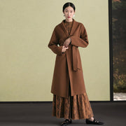 women brown woolen overcoat oversized stand collar winter coat tie waist jackets