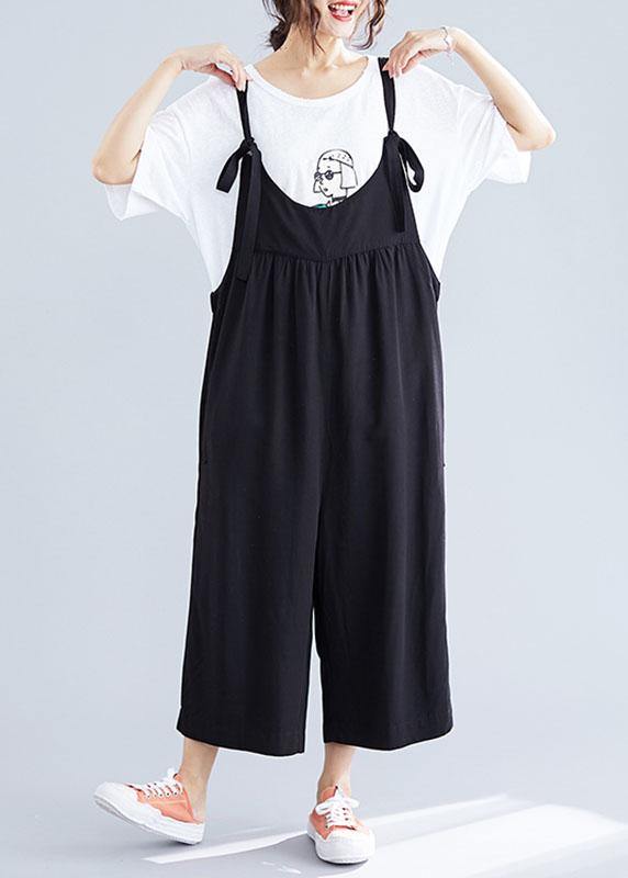 women casual cotton black jumpsuit plus size loose straps wide leg pants - SooLinen