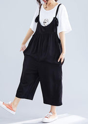 women casual cotton black jumpsuit plus size loose straps wide leg pants - SooLinen