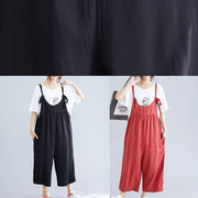 women casual cotton black jumpsuit plus size loose straps wide leg pants - SooLinen