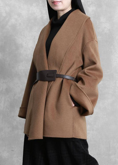 women casual mid-length coats winter woolen outwear brown tie waist trumpet sleeves overcoat - SooLinen