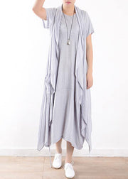 women cotton blended light blue striped long dress with sleeveless coats - SooLinen