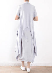 women cotton blended light blue striped long dress with sleeveless coats - SooLinen