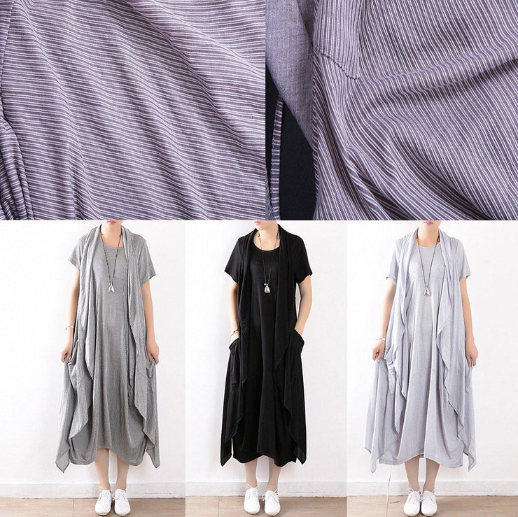 women cotton blended light blue striped long dress with sleeveless coats - SooLinen