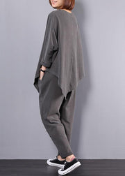 women cotton gray asymmetric tops and big pockets sport pants two pieces - SooLinen