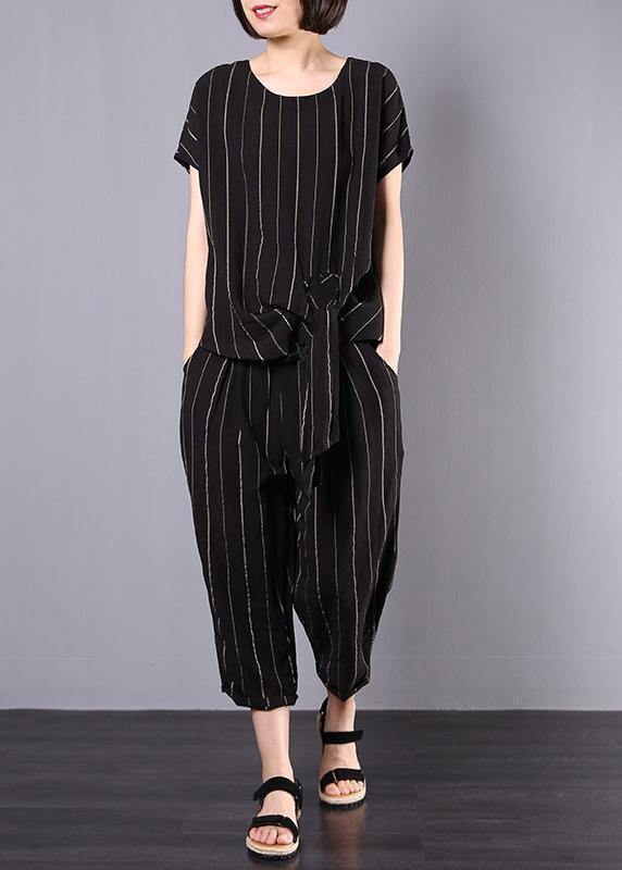 women cotton linen black striped two pieces short sleeve blouse and drawstring elastic waist pants - SooLinen