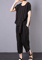 women cotton linen black striped two pieces short sleeve blouse and drawstring elastic waist pants - SooLinen