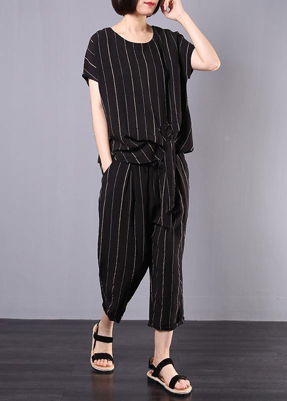 women cotton linen black striped two pieces short sleeve blouse and drawstring elastic waist pants - SooLinen