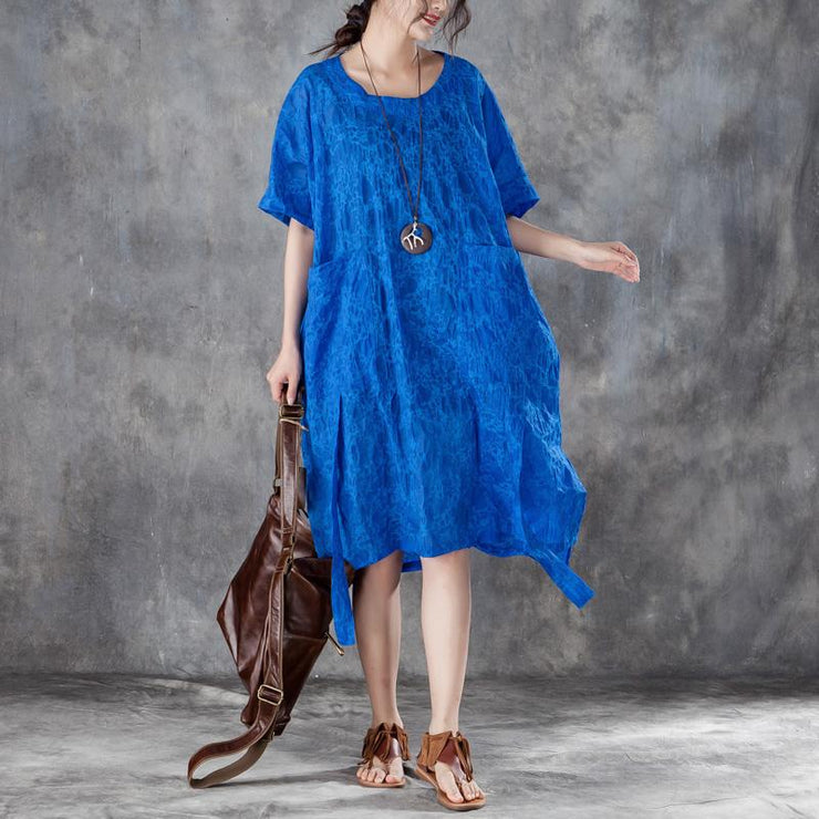 women cotton shift dress oversized Loose Round Neck Short Sleeve Irregular Blue Dress