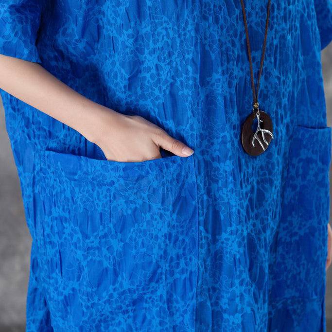 Frauen-Baumwoll-Etuikleid übergroßes, lockeres, kurzärmliges, unregelmäßiges blaues Kleid mit Rundhalsausschnitt