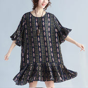 women dark blue prints chiffon dresses trendy plus size chiffon maxi dress Elegant ruffles hem ruffles sleeve cute chiffon dress