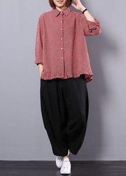 women fall cotton linen two pieces red plaid lapel collar shirt and black harem pants - SooLinen