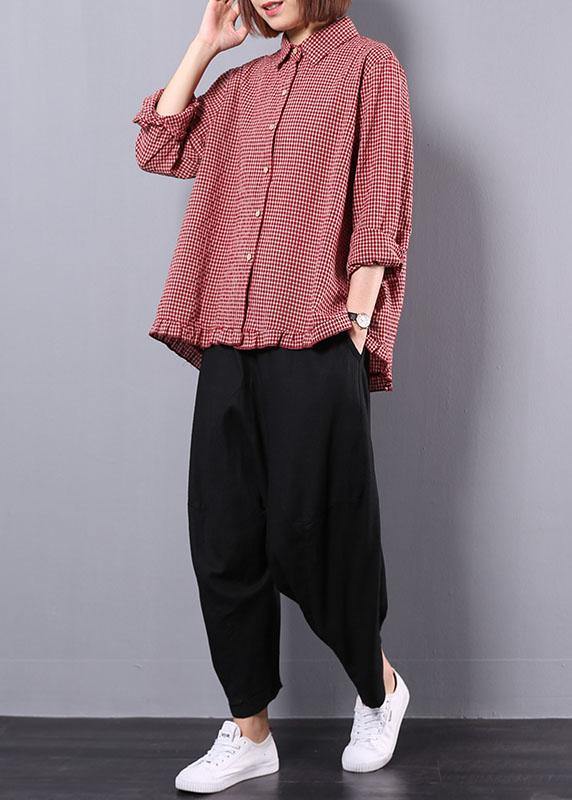 women fall cotton linen two pieces red plaid lapel collar shirt and black harem pants - SooLinen