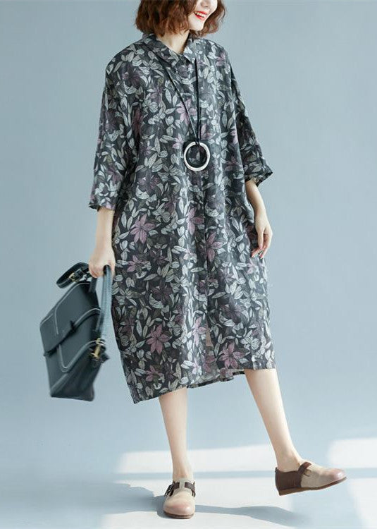 women floral cotton linen shirt dresses Loose fitting fine Three Quarter sleeve baggy dresses Turn-down Collar cotton shirt dress